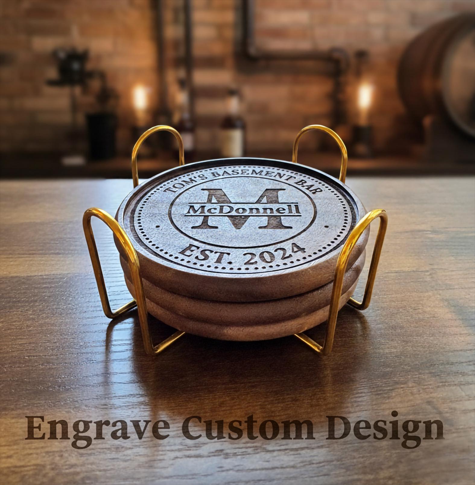 Custom Logo Coaster Set – Engraved Walnut Corporate Drink Coasters for Business Gifts & Events