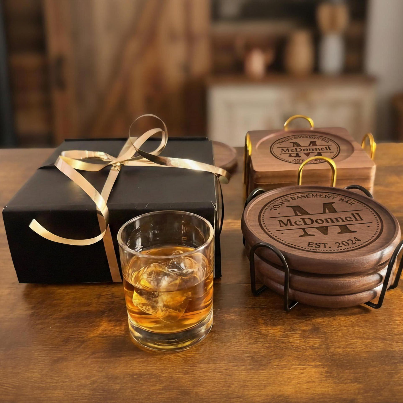 Custom Logo Coaster Set – Engraved Walnut Corporate Drink Coasters for Business Gifts & Events