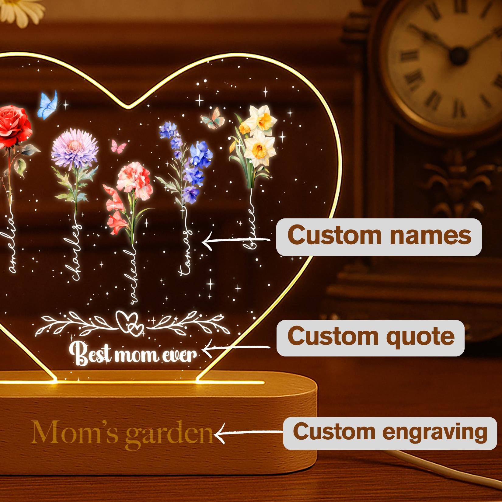 Personalized Birth Flower LED Night Light|Custom Family Name Acrylic Lamp| gift for mom,grandma|Custom Family Keepsake|home decor for mom