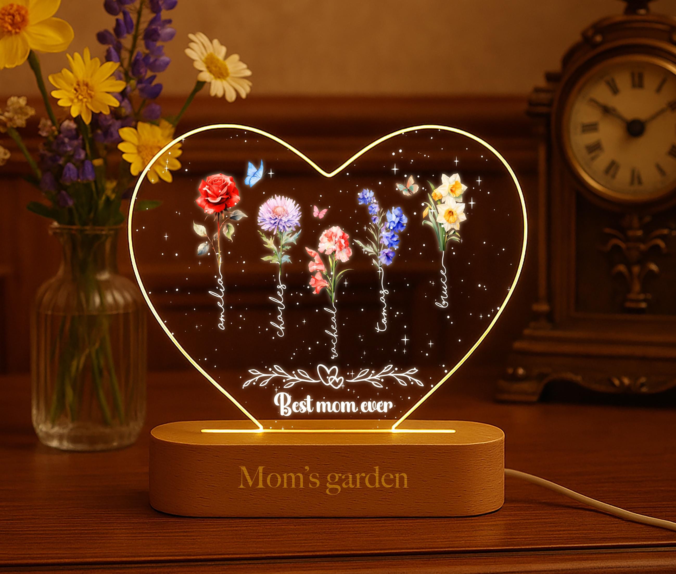 Personalized Birth Flower LED Night Light|Custom Family Name Acrylic Lamp| gift for mom,grandma|Custom Family Keepsake|home decor for mom