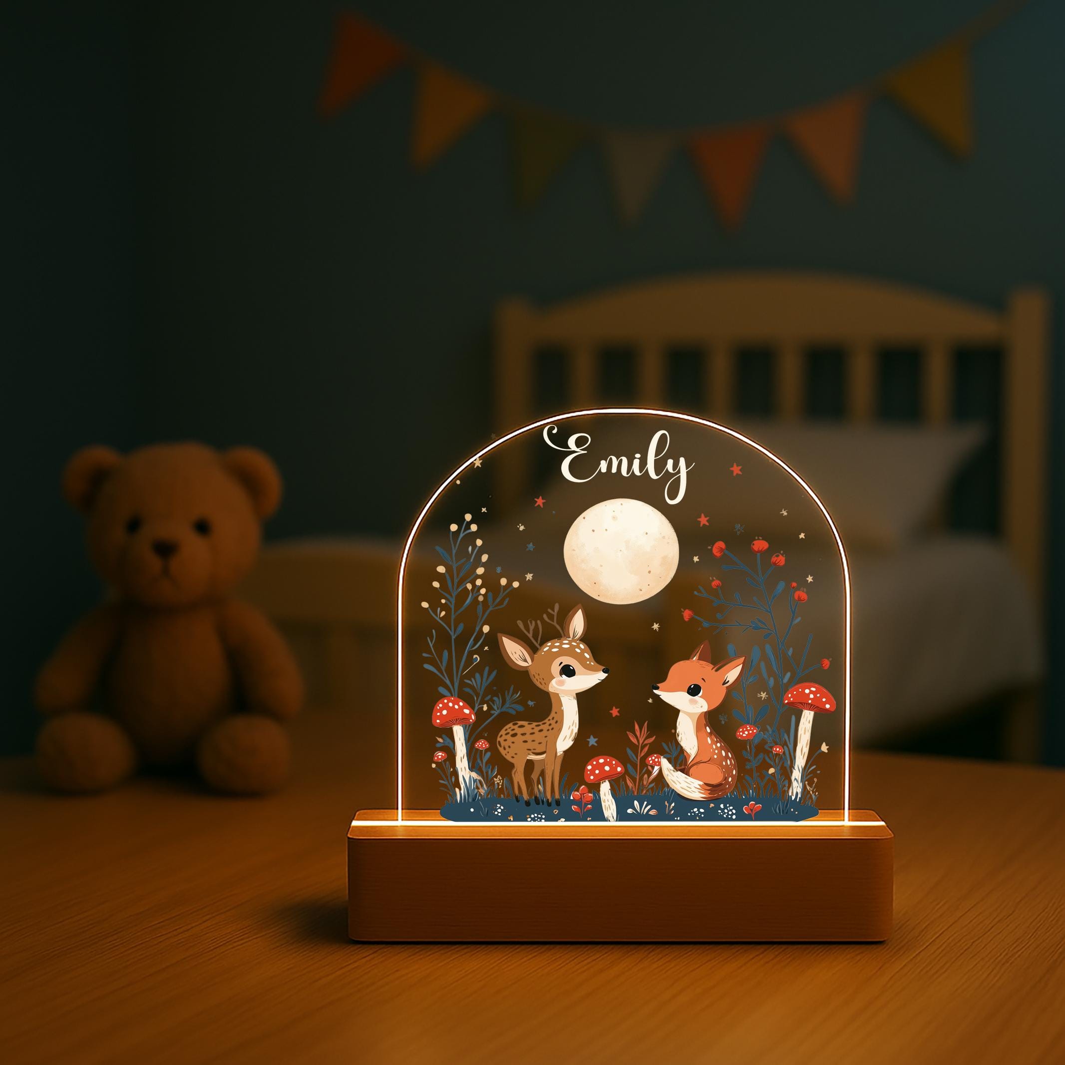 Custom Name Night Light – Woodland Animal LED Acrylic Lamp for Kids Room – Baby Girl or Boy Nursery Decor – Personalized Gift for Kids