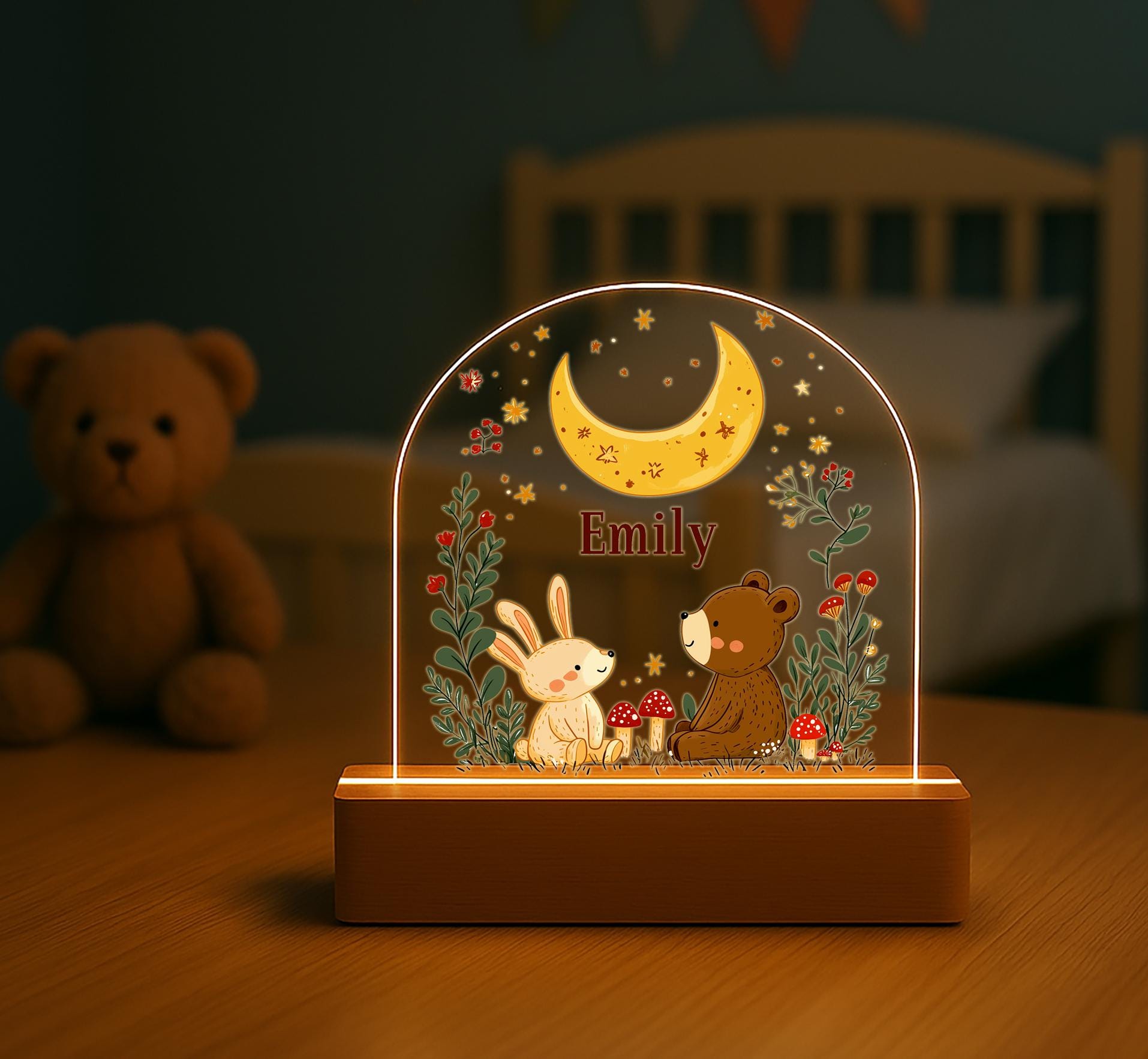 Custom Name Night Light – Woodland Animal LED Acrylic Lamp for Kids Room – Baby Girl or Boy Nursery Decor – Personalized Gift for Kids