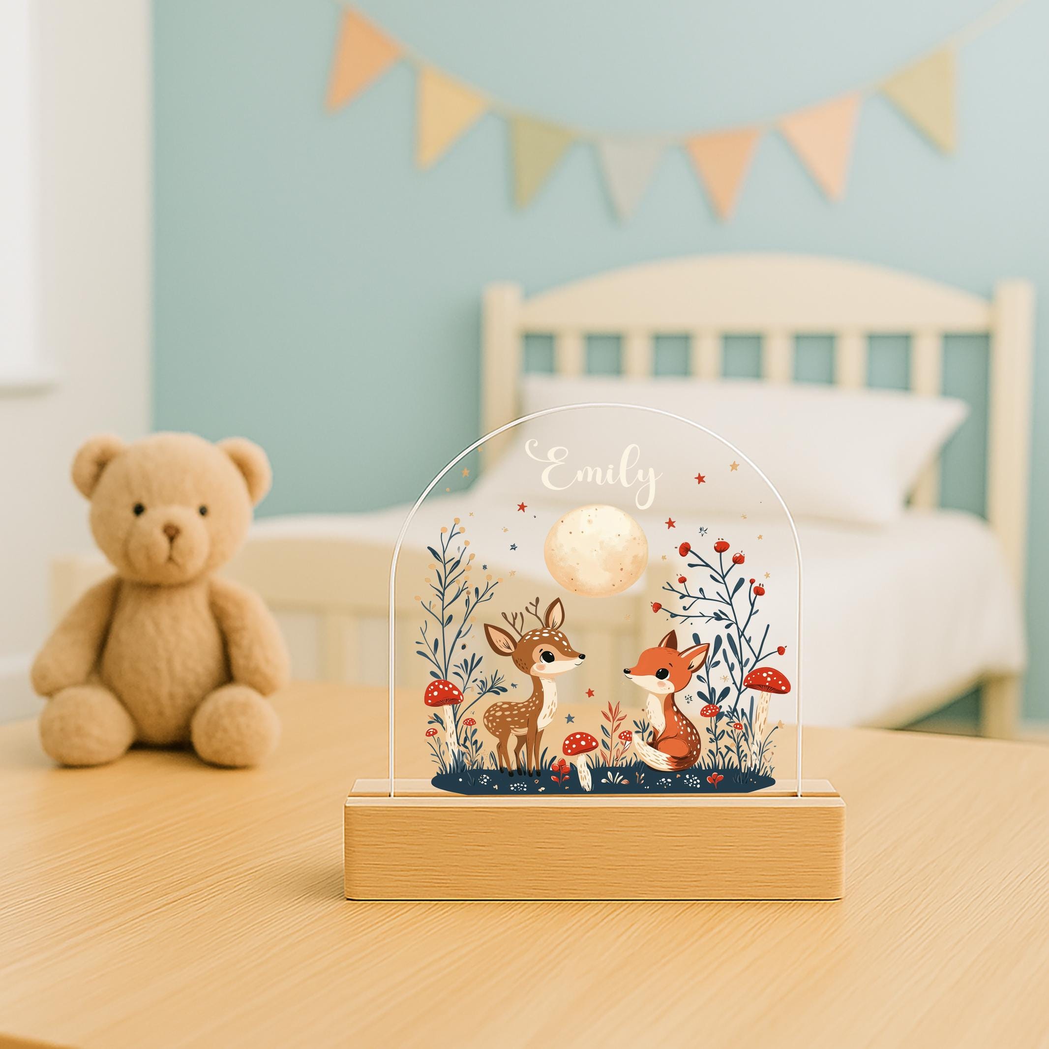 Custom Name Night Light – Woodland Animal LED Acrylic Lamp for Kids Room – Baby Girl or Boy Nursery Decor – Personalized Gift for Kids