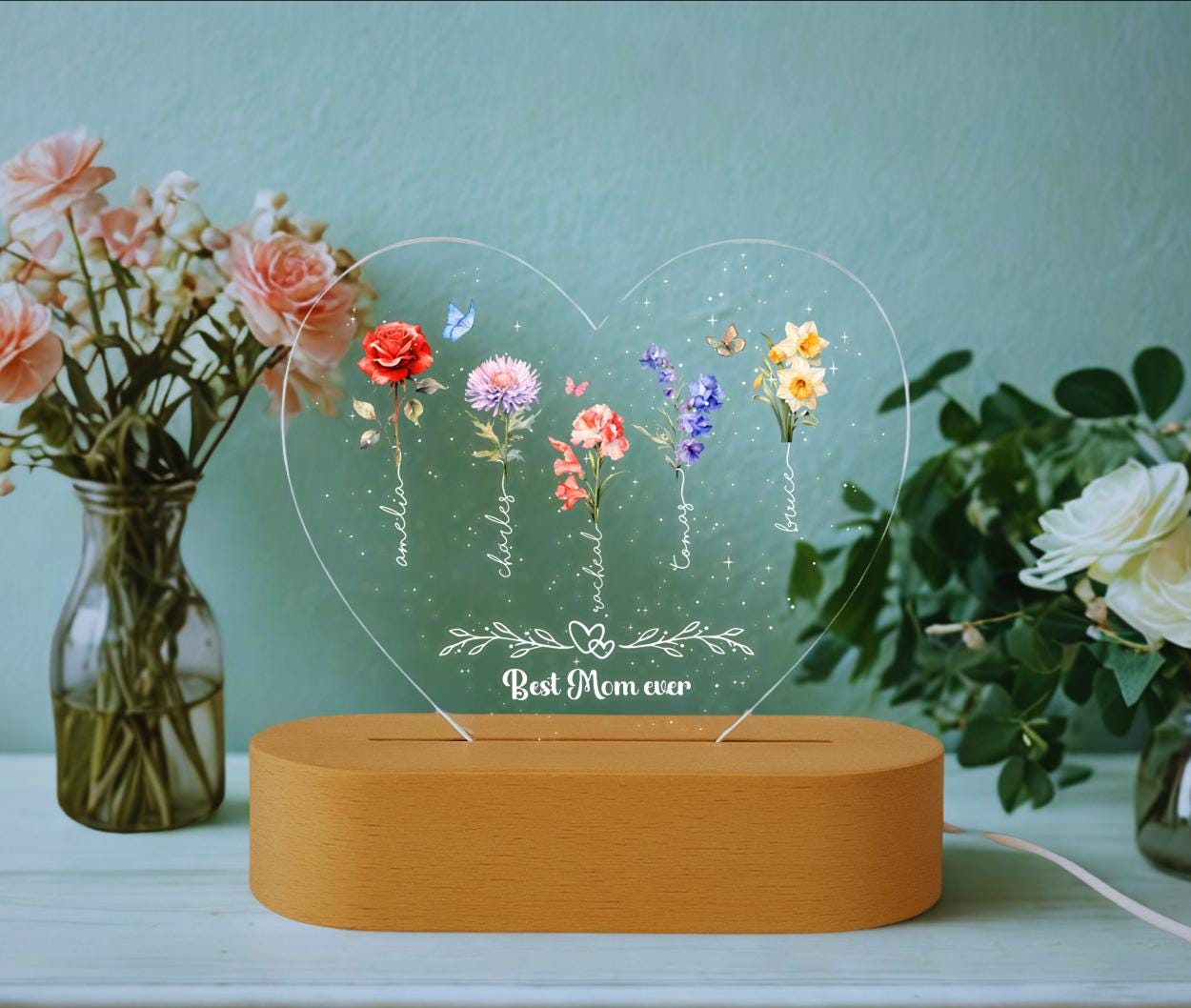 Personalized Birth Flower LED Night Light|Custom Family Name Acrylic Lamp| gift for mom,grandma|Custom Family Keepsake|home decor for mom