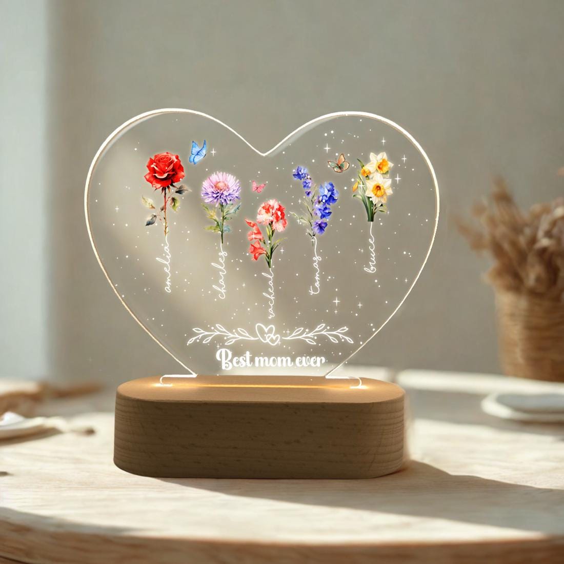 Personalized Birth Flower LED Night Light|Custom Family Name Acrylic Lamp| gift for mom,grandma|Custom Family Keepsake|home decor for mom