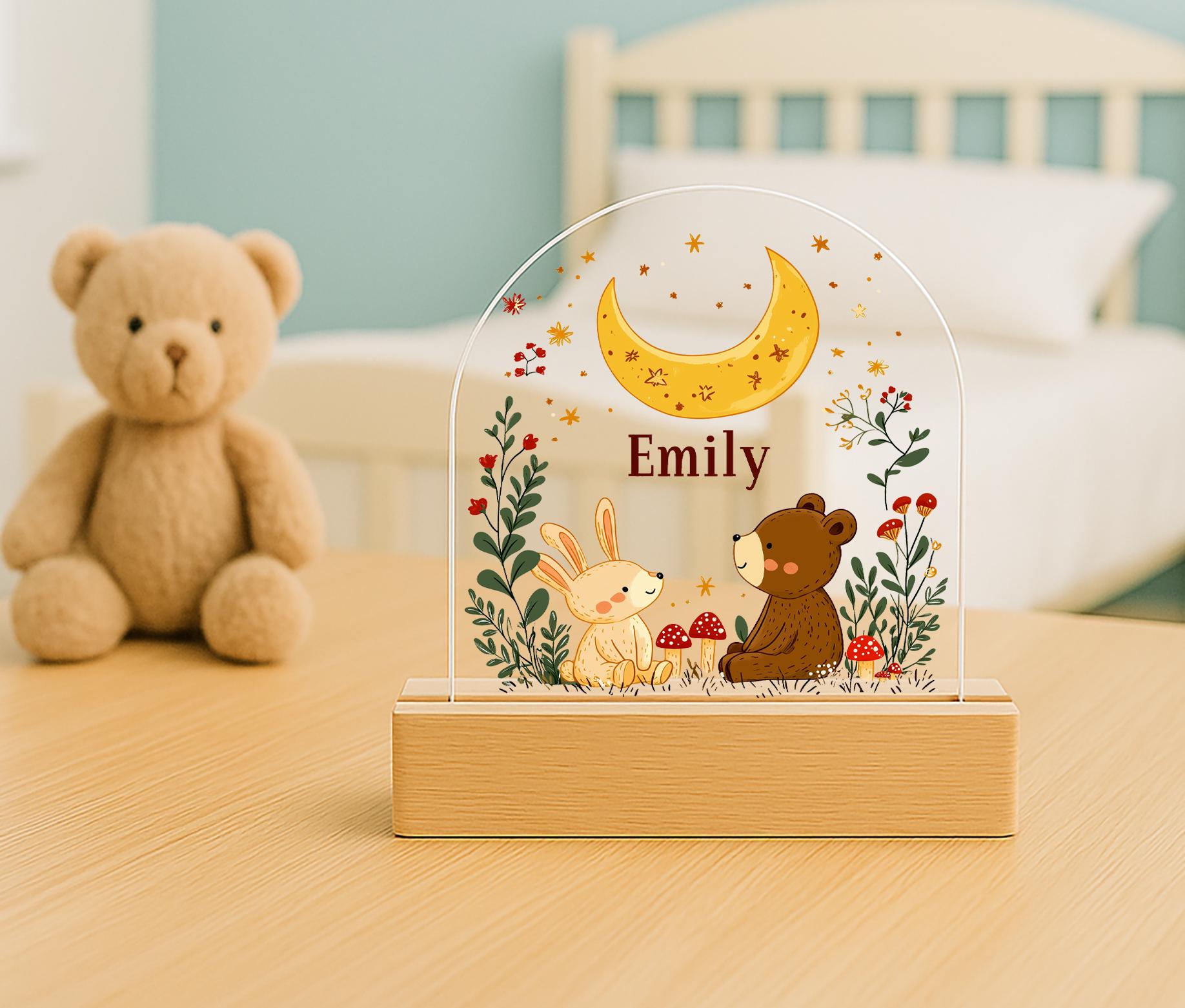 Custom Name Night Light – Woodland Animal LED Acrylic Lamp for Kids Room – Baby Girl or Boy Nursery Decor – Personalized Gift for Kids