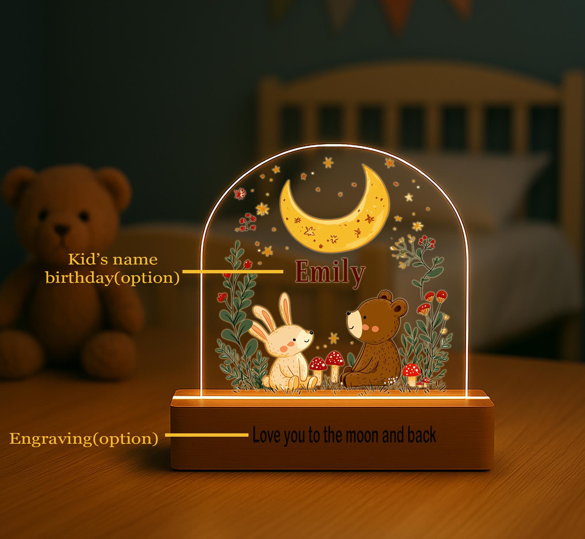 Custom Name Night Light – Woodland Animal LED Acrylic Lamp for Kids Room – Baby Girl or Boy Nursery Decor – Personalized Gift for Kids