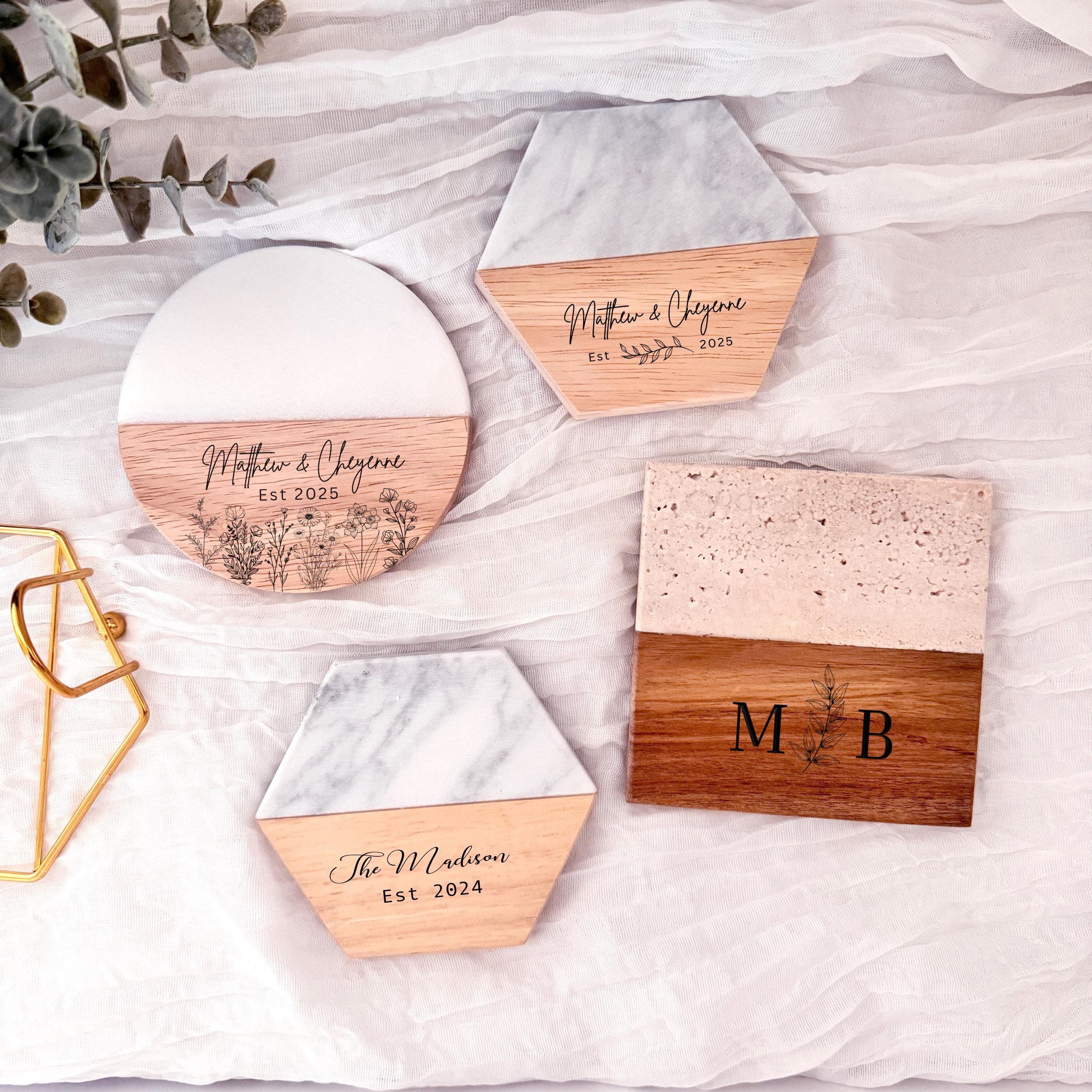 Personalized Wedding Coasters Set | Custom Family Name Drink Coasters | Engraved Marble & Wood Coasters | Couple Anniversary Gift