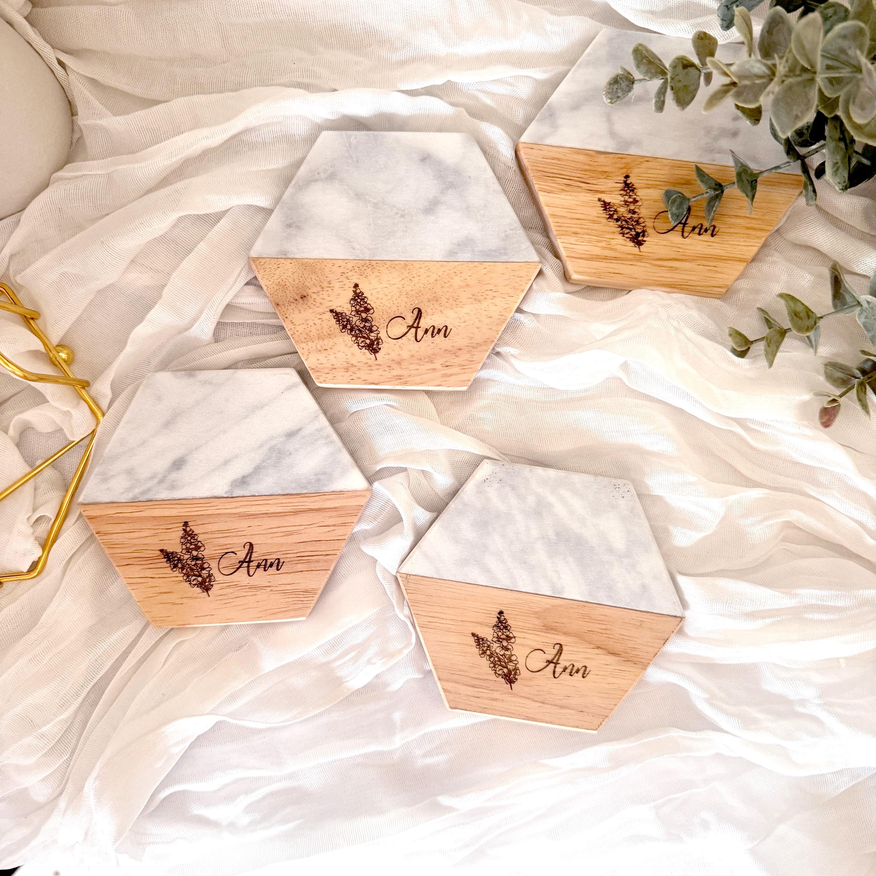 Personalized Wedding Coasters Set | Custom Family Name Drink Coasters | Engraved Marble & Wood Coasters | Couple Anniversary Gift