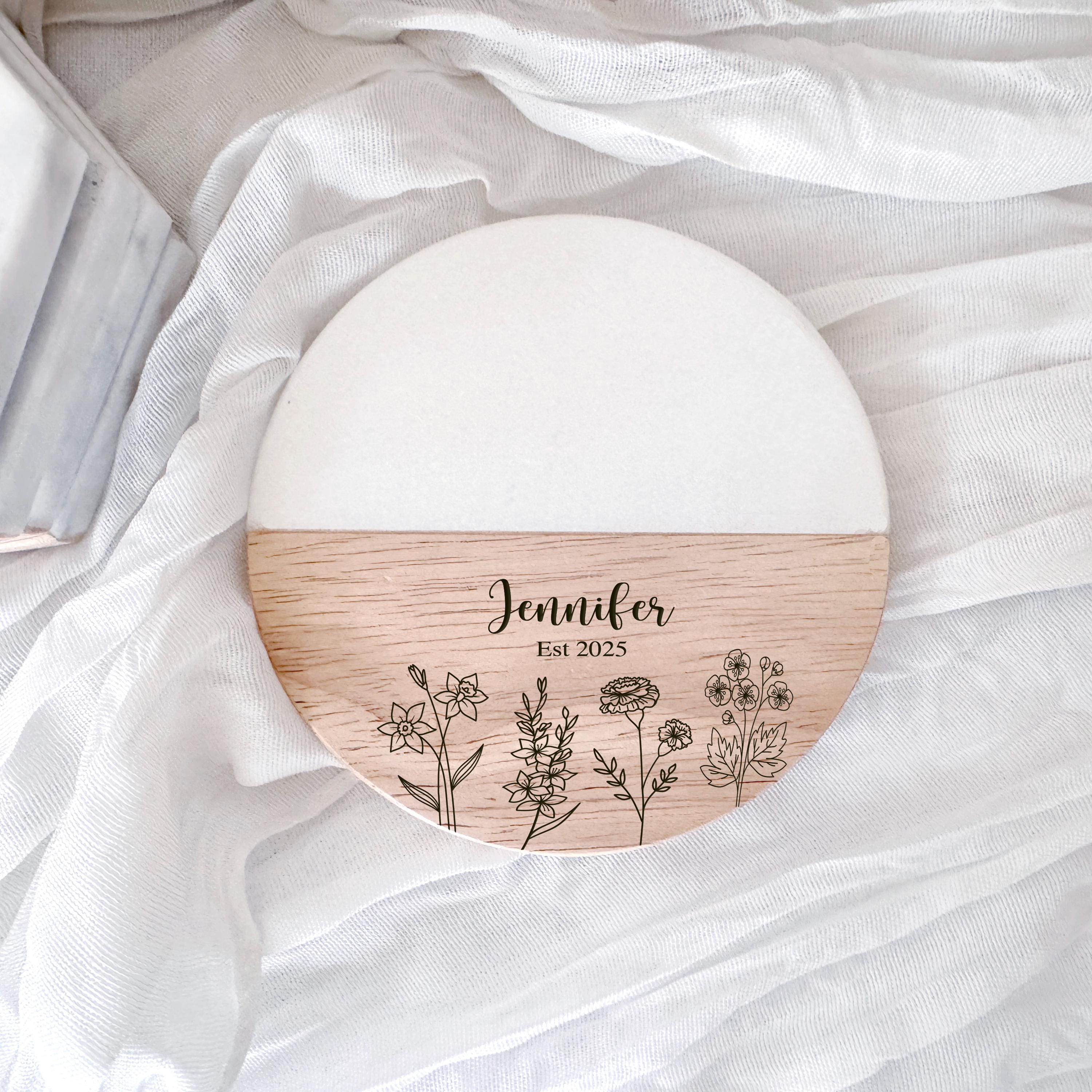 Personalized Wedding Coasters Set | Custom Family Name Drink Coasters | Engraved Marble & Wood Coasters | Couple Anniversary Gift