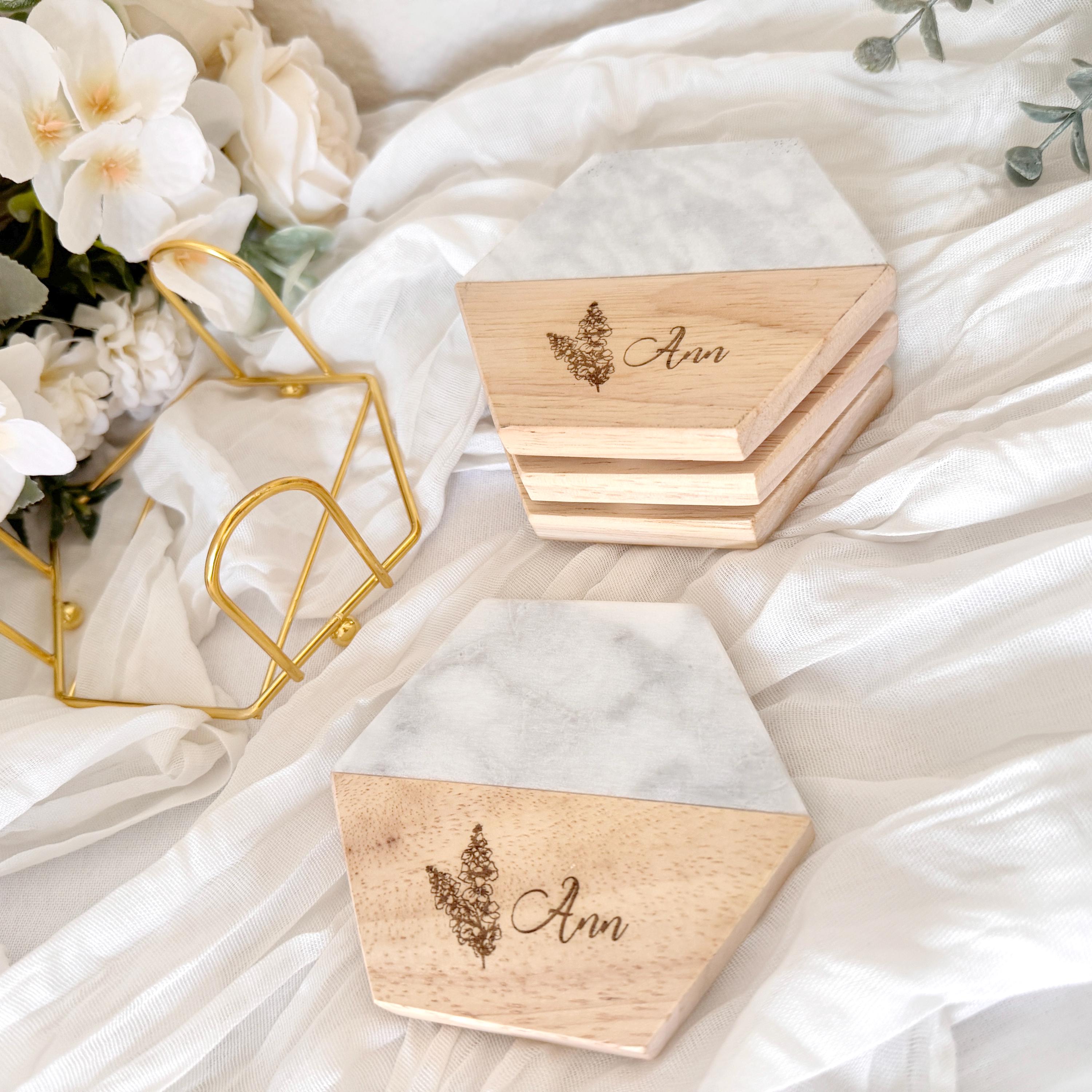 Personalized birth flower coaster set | engraved marble and wood custom coasters| birthday gift, home decor, engraved gift