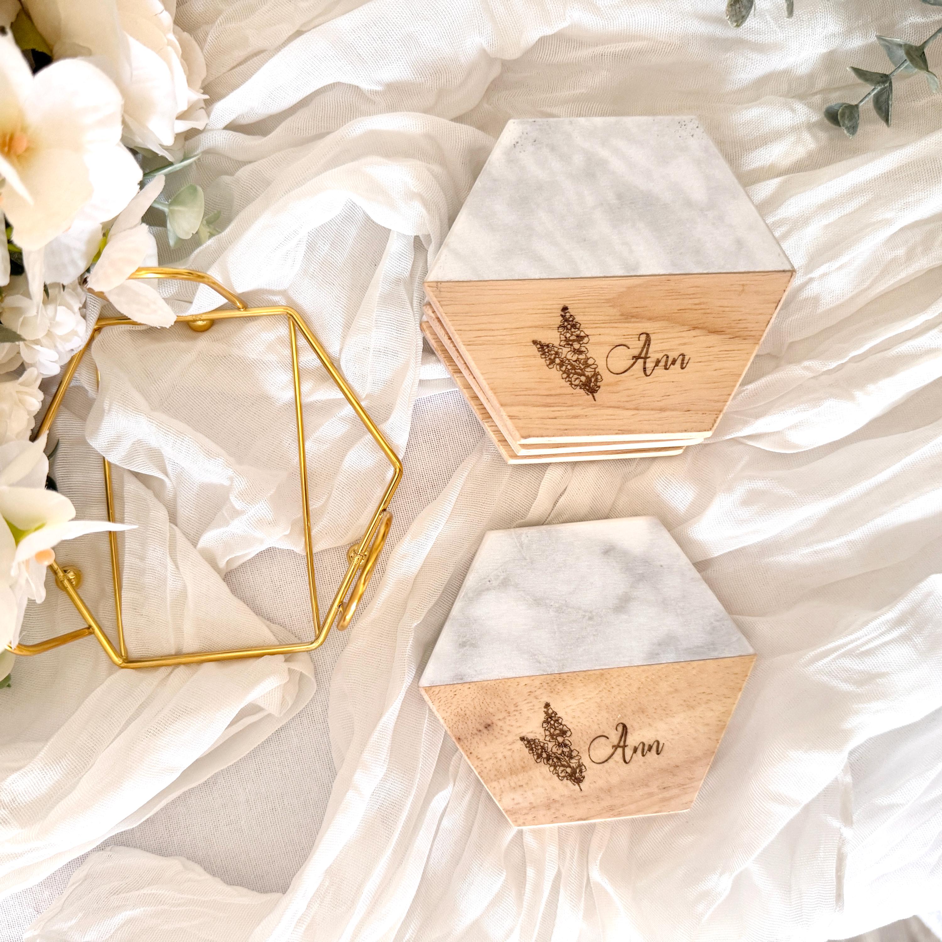 Personalized birth flower coaster set | engraved marble and wood custom coasters| birthday gift, home decor, engraved gift