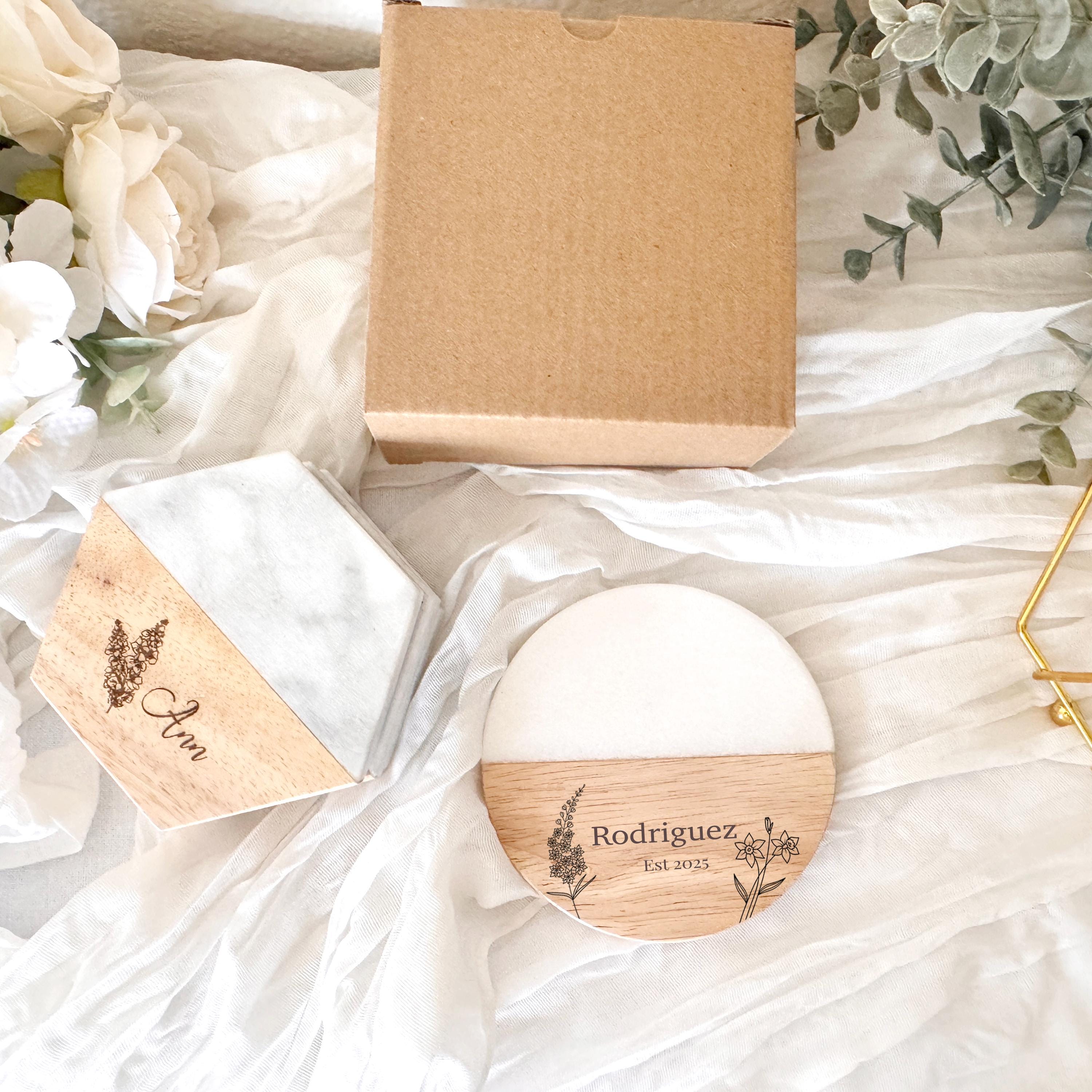 Personalized birth flower coaster set | engraved marble and wood custom coasters| birthday gift, home decor, engraved gift
