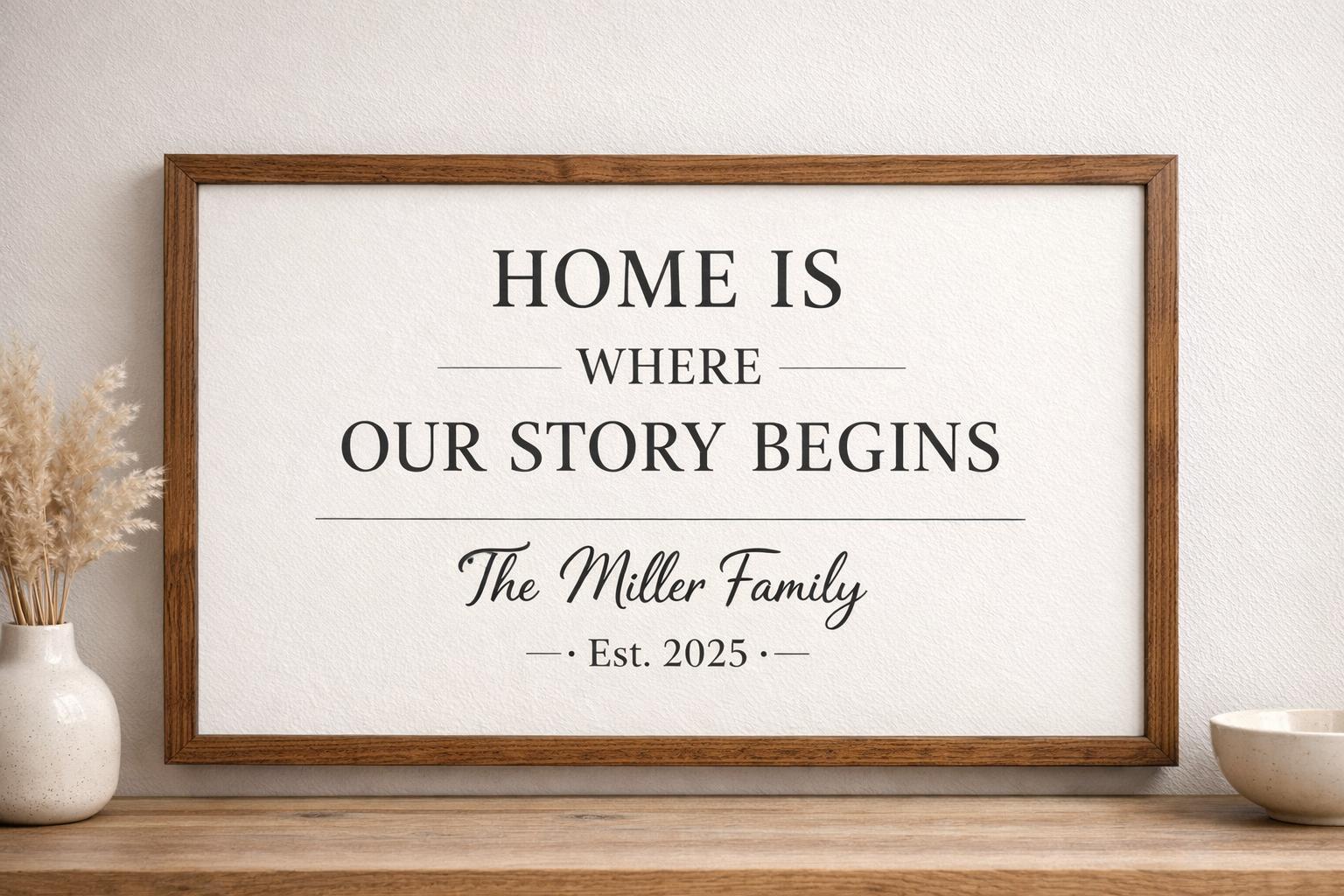Personalized Wooden Family Sign, Home Is Where Our Story Begins Wall Art, Custom Last Name Framed Sign, Housewarming Gift, Family Home Decor