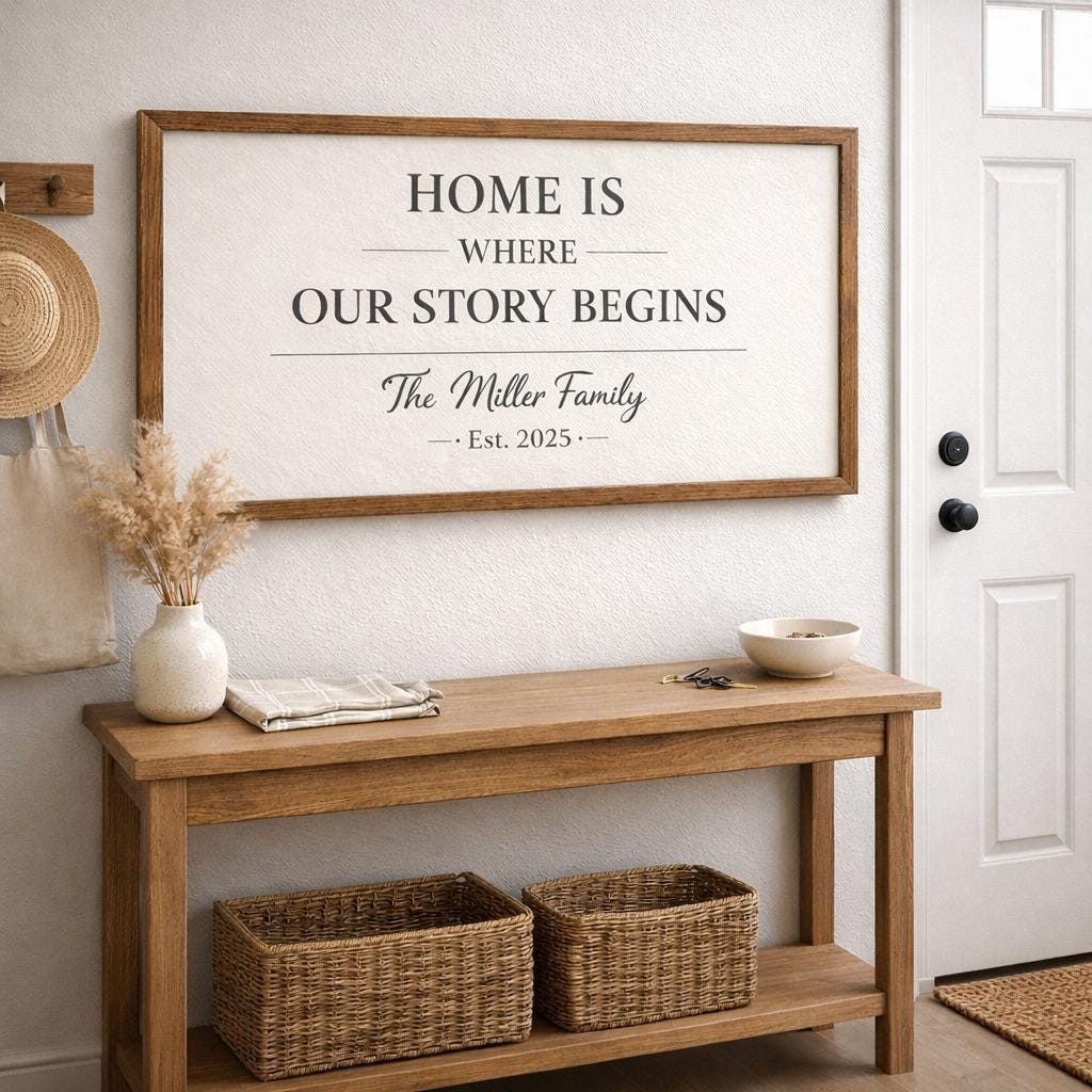 Personalized Wooden Family Sign, Home Is Where Our Story Begins Wall Art, Custom Last Name Framed Sign, Housewarming Gift, Family Home Decor
