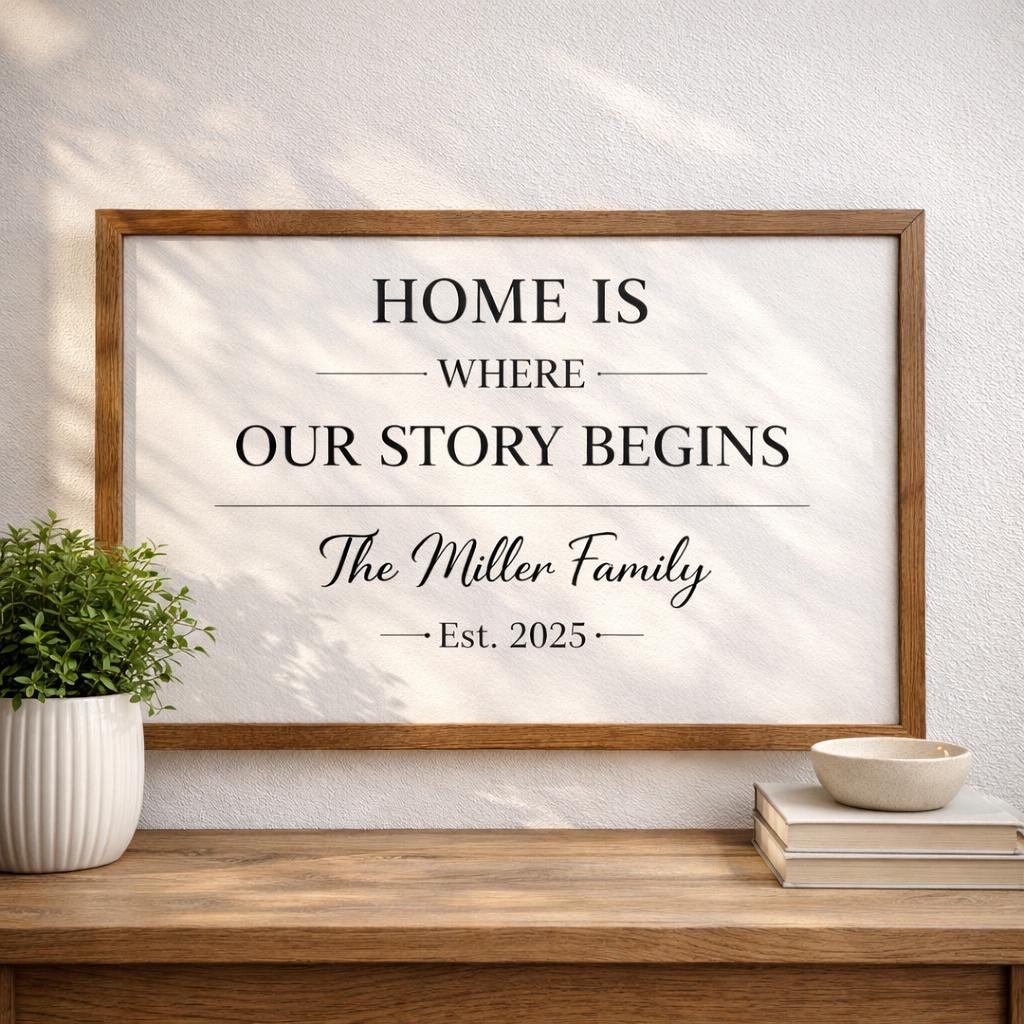 Personalized Wooden Family Sign, Home Is Where Our Story Begins Wall Art, Custom Last Name Framed Sign, Housewarming Gift, Family Home Decor
