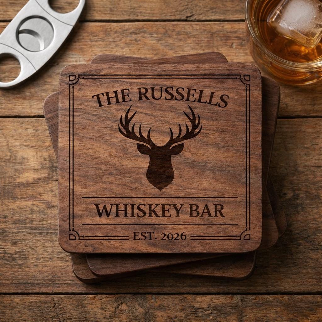 Personalized Walnut Whiskey Coaster Set, Engraved Bar Decor