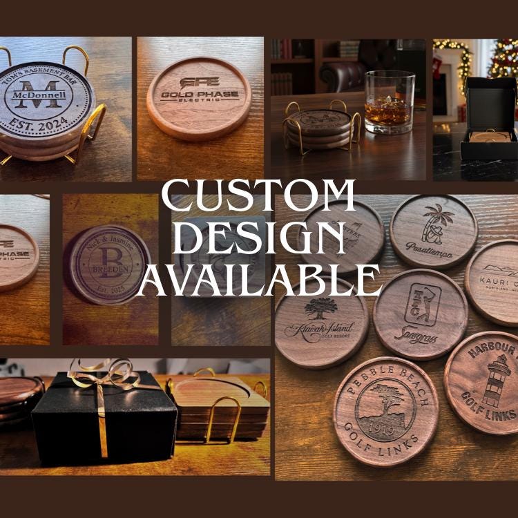 Personalized Walnut Whiskey Coaster Set, Engraved Bar Decor