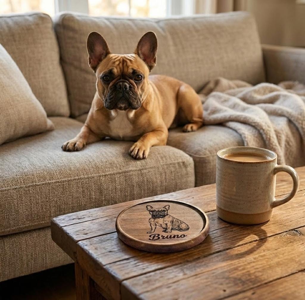 Personalized Pet Portrait Walnut Coaster, Custom Dog or Cat Wooden Coaster, Housewarming Gift, Pet Lover Home Decor
