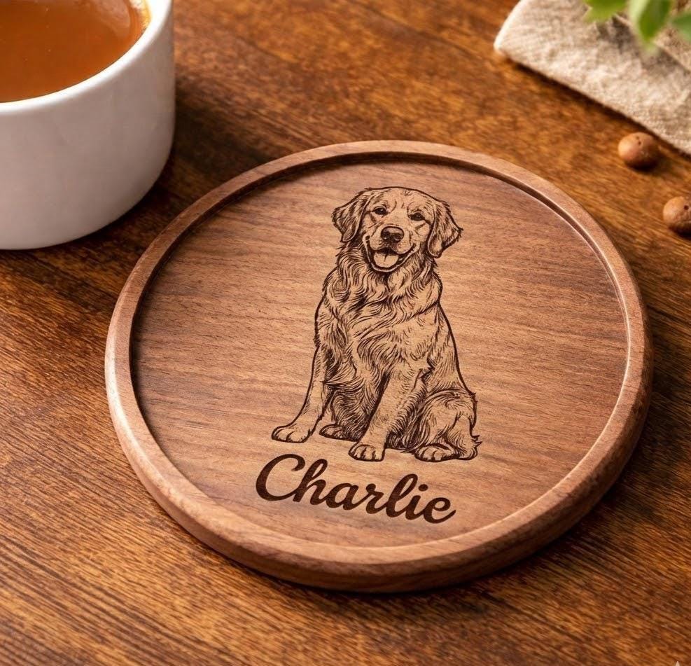 Personalized Pet Portrait Walnut Coaster, Custom Dog or Cat Wooden Coaster, Housewarming Gift, Pet Lover Home Decor