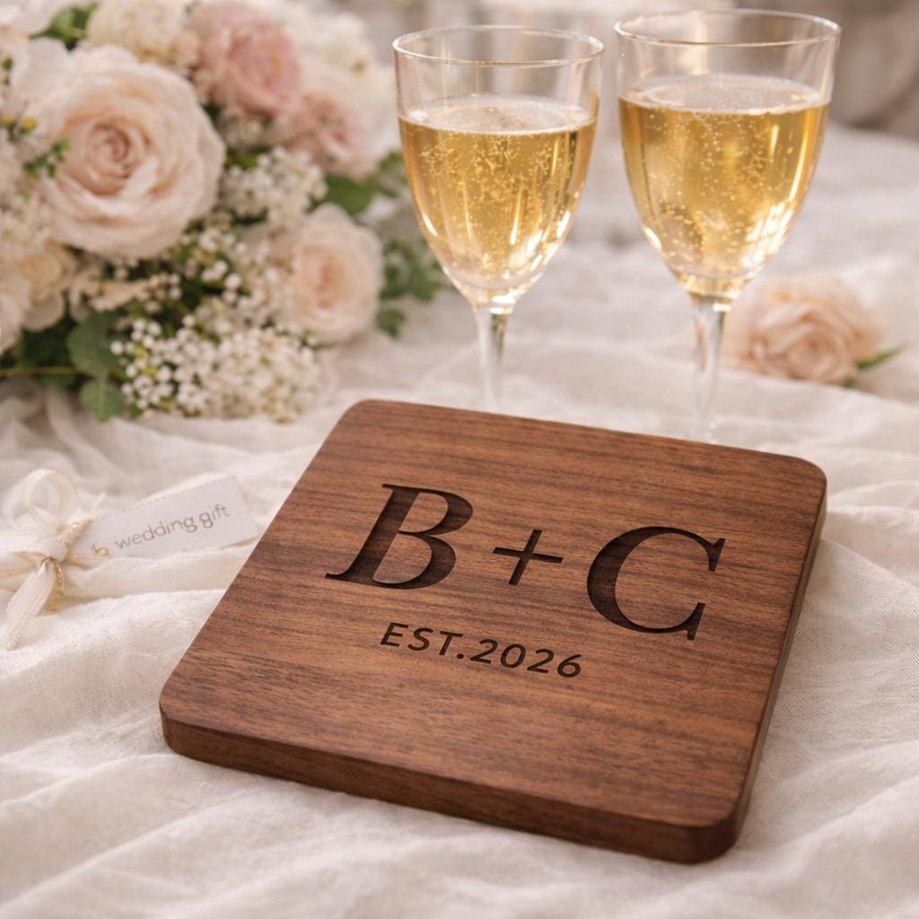 Personalized Walnut Wood Coaster Set, Engraved Wedding Gift