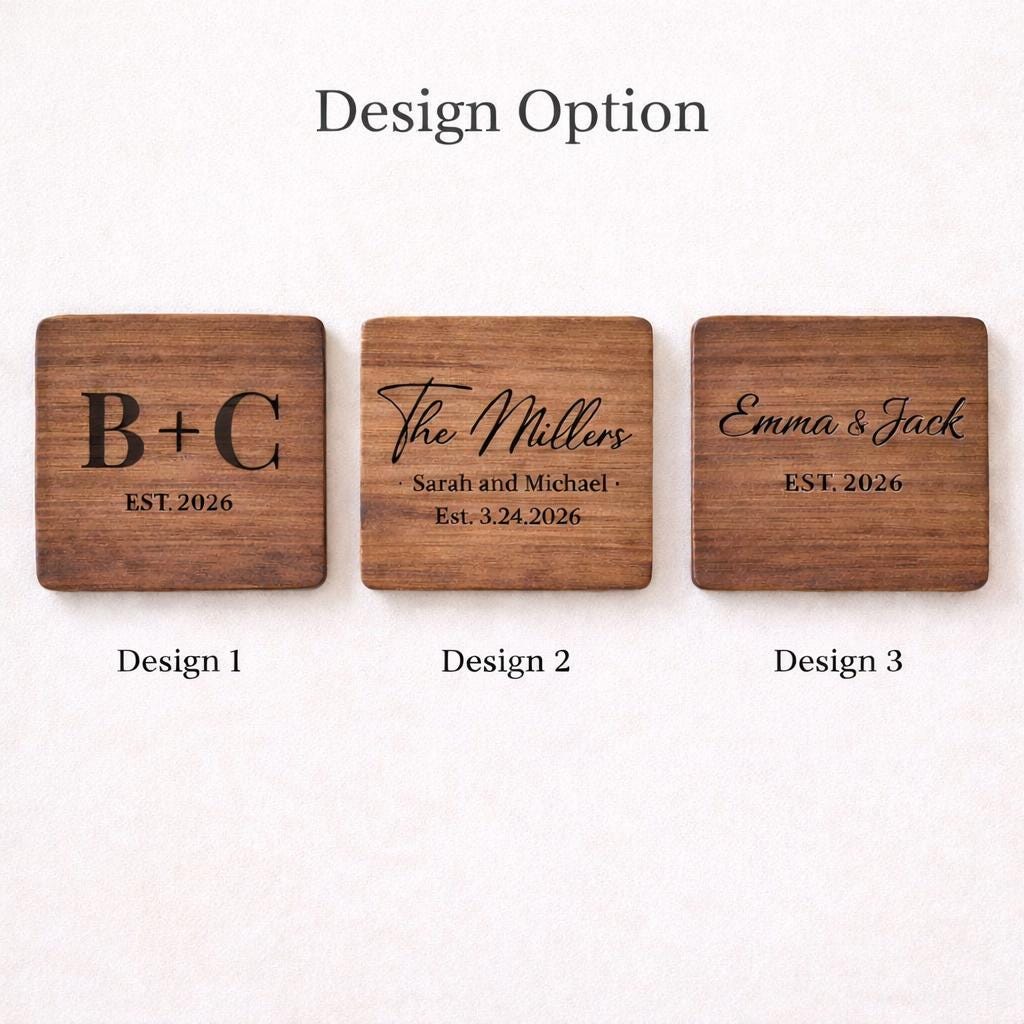 Personalized Walnut Wood Coaster Set, Engraved Wedding Gift