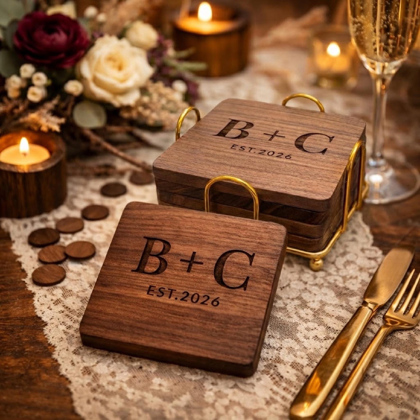 Personalized Walnut Wood Coaster Set, Engraved Wedding Gift