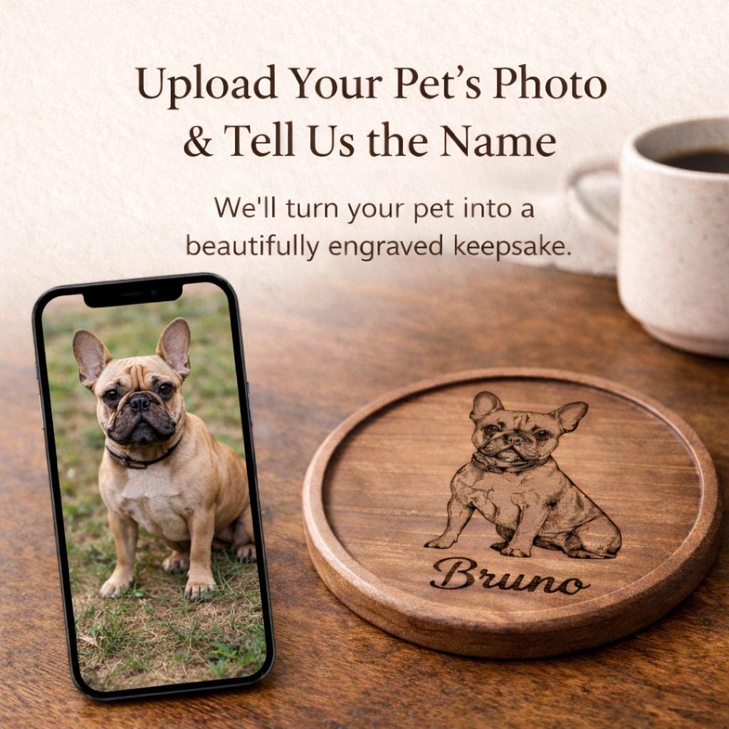 Personalized Pet Portrait Walnut Coaster, Custom Dog or Cat Wooden Coaster, Housewarming Gift, Pet Lover Home Decor