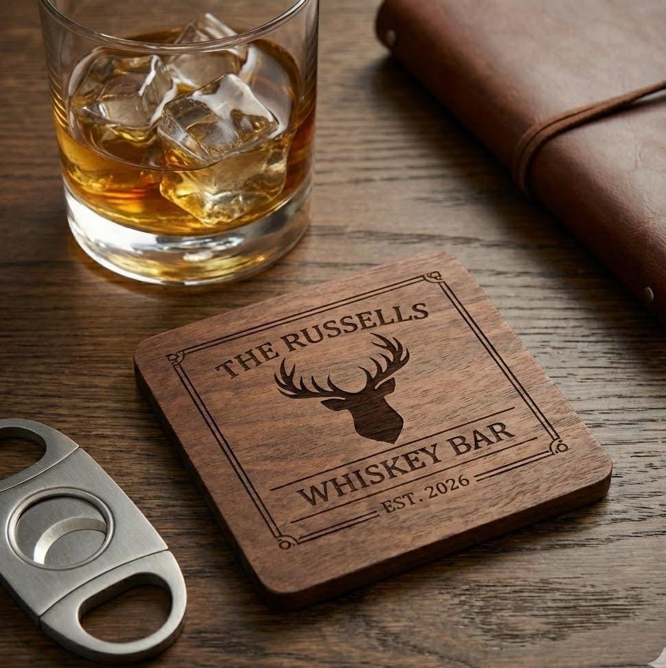 Personalized Walnut Whiskey Coaster Set, Engraved Bar Decor