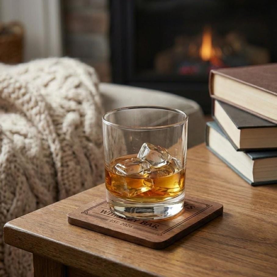 Personalized Walnut Whiskey Coaster Set, Engraved Bar Decor