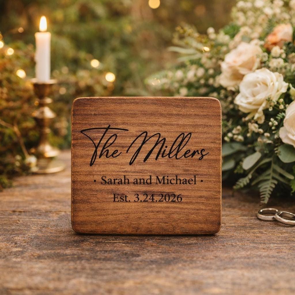 Personalized Walnut Wood Coaster Set, Engraved Wedding Gift