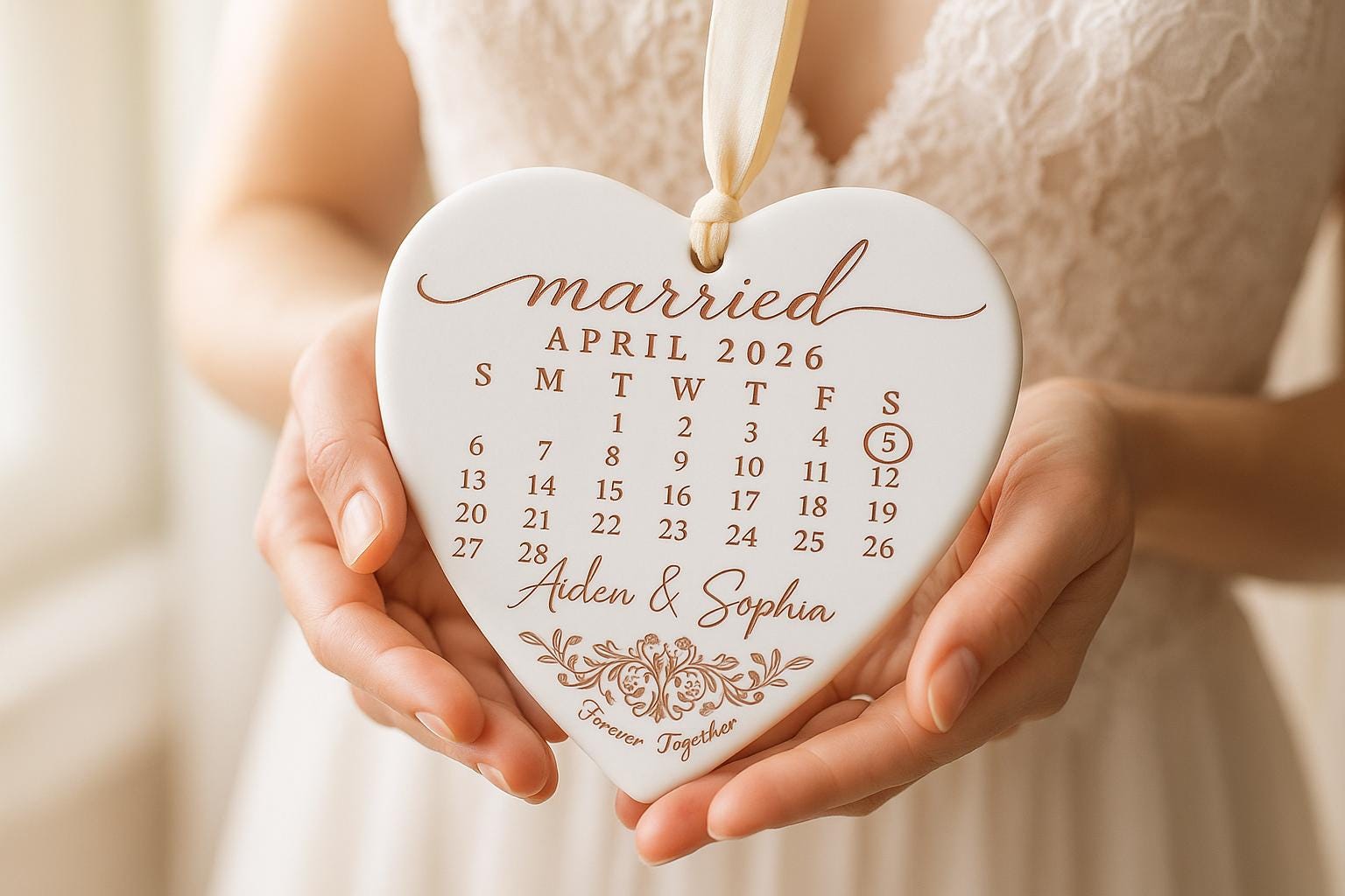 Personalized Wedding Ornament, Custom Heart Calendar Ornament, Married Date Keepsake, Anniversary Gift for Couple,Bridal Shower Gift