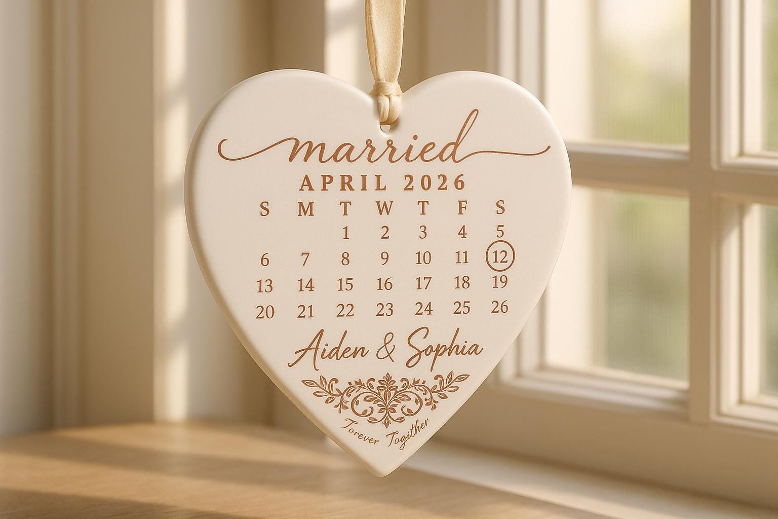 Personalized Wedding Ornament, Custom Heart Calendar Ornament, Married Date Keepsake, Anniversary Gift for Couple,Bridal Shower Gift