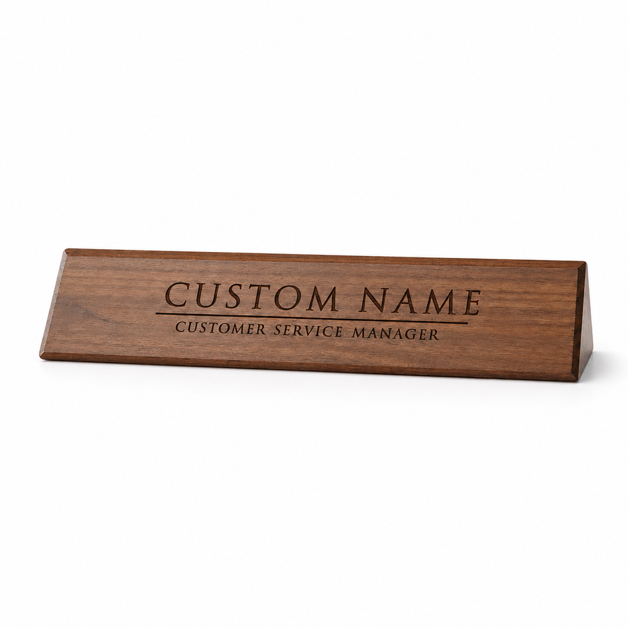 Custom Walnut Desk Name Plate – Engraved Employee Name & Title Sign