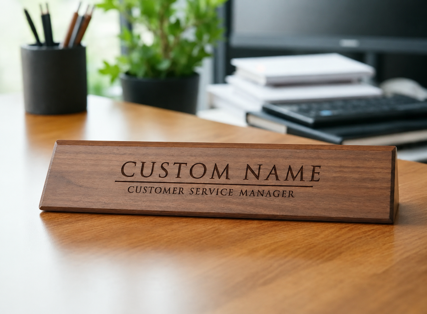 Custom engraved walnut desk name plate with employee name and job title in a professional office