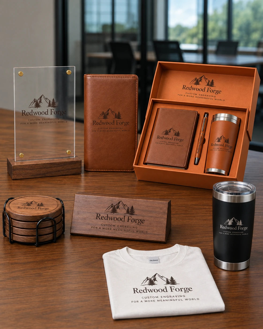 Custom logo corporate products displayed on an office presentation table, including walnut coasters, a desk nameplate, leather notebooks, an acrylic award, a gift set, a company T-shirt, and insulated tumblers